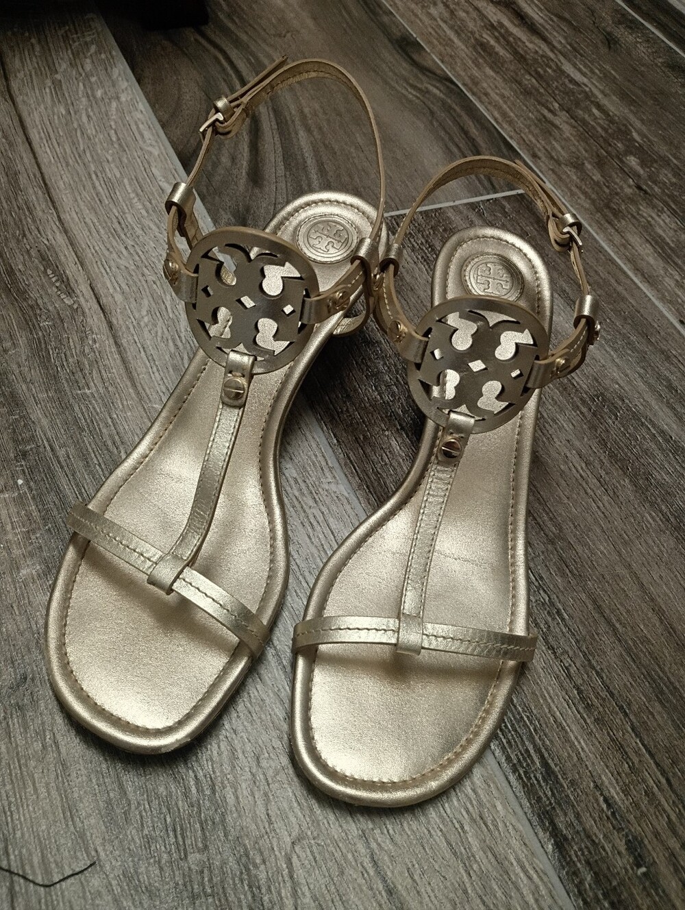 Tory Burch Metallic Gold Miller T-Strap Sandals